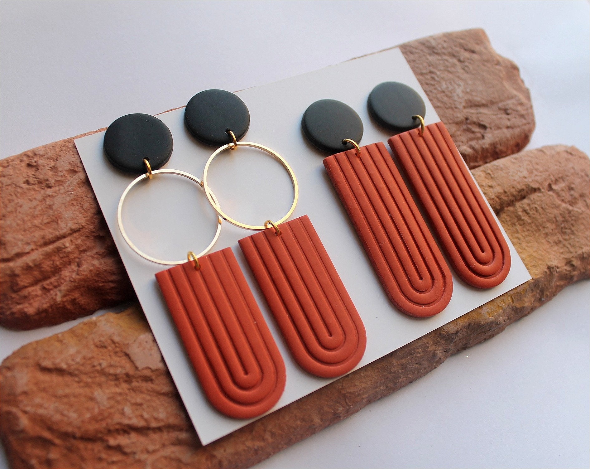 hook earrings in terra cotta Polymer clay statement earrings black and ivory