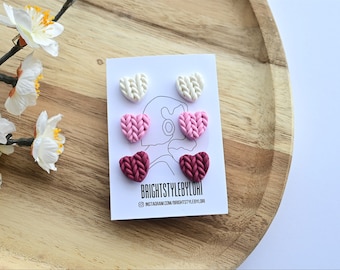 Heart Polymer Clay Earrings/Valentine's Day Sweater Knit Stud Pack Geometric Earrings/3 pieces size 10 mm