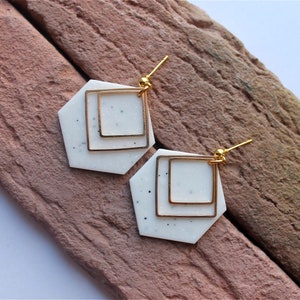Dangle Hoop Earrings. Polymer Clay Earrings. White earrings. Statement Earrings. Minimalist Earrings. Handmade gift.Geometric earrings.