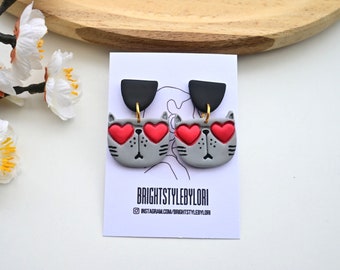 Heart Cat Baked Polymer Clay Earrings/Valentine's Day Stud Geometric Earrings/Minimalist Earrings