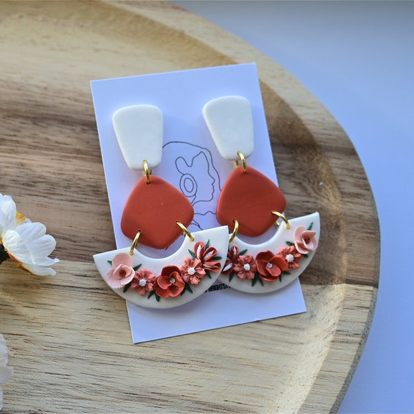 Polymer Clay Earrings,Modern Terracotta  flower Earrings.Geometric dangle Earrings, Minimalist Statement Earrings.Handmade gift