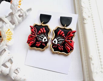 Halloween Polymer Clay Earrings / Skeleton Goldfish clay earrings/Fall Long dangle Statement Minimalist Earrings | handmade gift