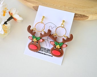 Christmas Reindeer Polymer Clay Earrings /Holiday Winter clay earrings/Long Statement Minimalist Earrings | handmade gift