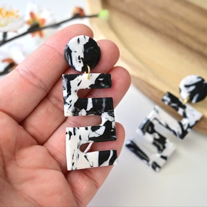 Black Clay Earrings/ Large Geometric Dangle Earrings/ Polymer clay Statement Earrings/Minimalist Earrings . Handmade gift.