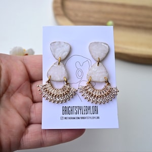 Wedding Polymer Clay Earring, Dangle hoop Earrings, White Statement Earrings, Minimalist Earrings, Geometric Modern jewelry.