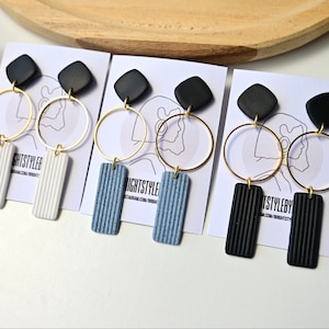 Polymer Clay Earrings. White earrings.  Modern Dangle Earrings,Long hoop earrings. Statement Earrings,Minimalist Earrings,Handmade Jewelry.