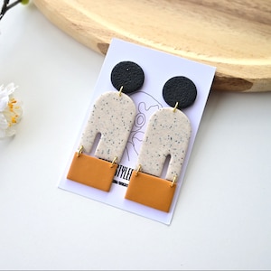 Polymer Clay Earrings, Modern Design Dangles,Mustard / Granite Brown Earrings/ Geometric Earrings/Minimalist Earrings.Handmade