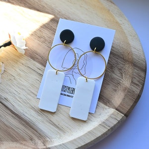 Polymer Clay Earrings. White earrings.  Modern Dangle Earrings,Long hoop earrings. Statement Earrings,Minimalist Earrings,Handmade Jewelry.