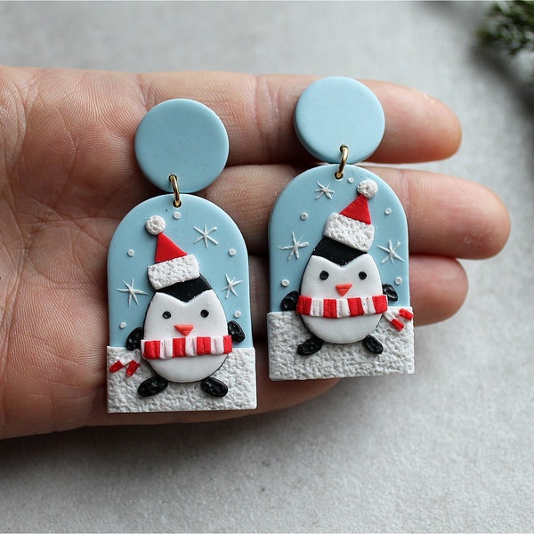 Christmas Clay Earrings/ holiday Winter Penguin Modern Earrings. Statement Earrings, Minimalist Earrings . Handmade earrings.