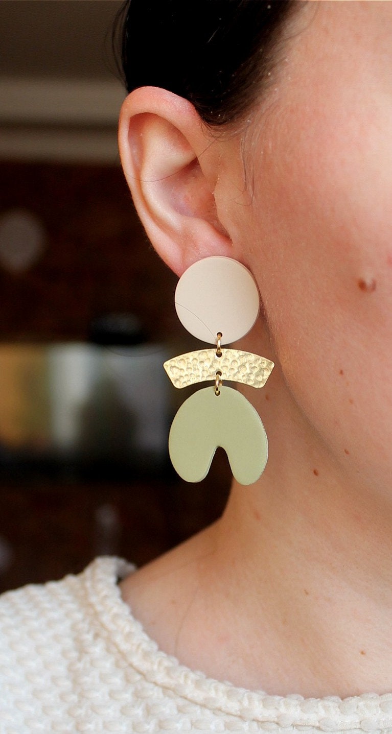 Ball stud dangle white and gold earring Stylish minimalist polymer clay earrings Lightweight earrings with simple design