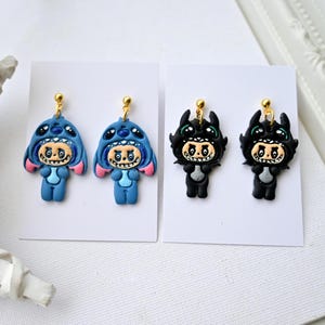 Labubu Clay Earrings/Black Dragon Polymer Clay Earrings/ toothless clay earrings / Stitch Blue Alien Embossing Statement Minimalist Earrings