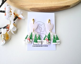 Christmas Clay Earrings/Snowy Evergreen Trees/ Winter Modern Earrings.Statement Earrings, Minimalist Earrings . Handmade earrings.