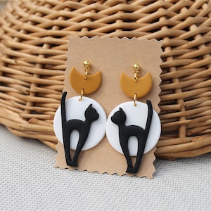 Black cat Polymer Clay Earrings /Halloween clay earrings/Fall Long Statement Minimalist Earrings handmade gift image 2