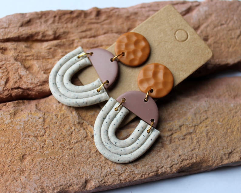 Polymer Clay Earrings, long hoop Earrings, Modern earrings. Granite Brown Design Dangles, Dangle Minimalist Earrings . Handmade earrings. 