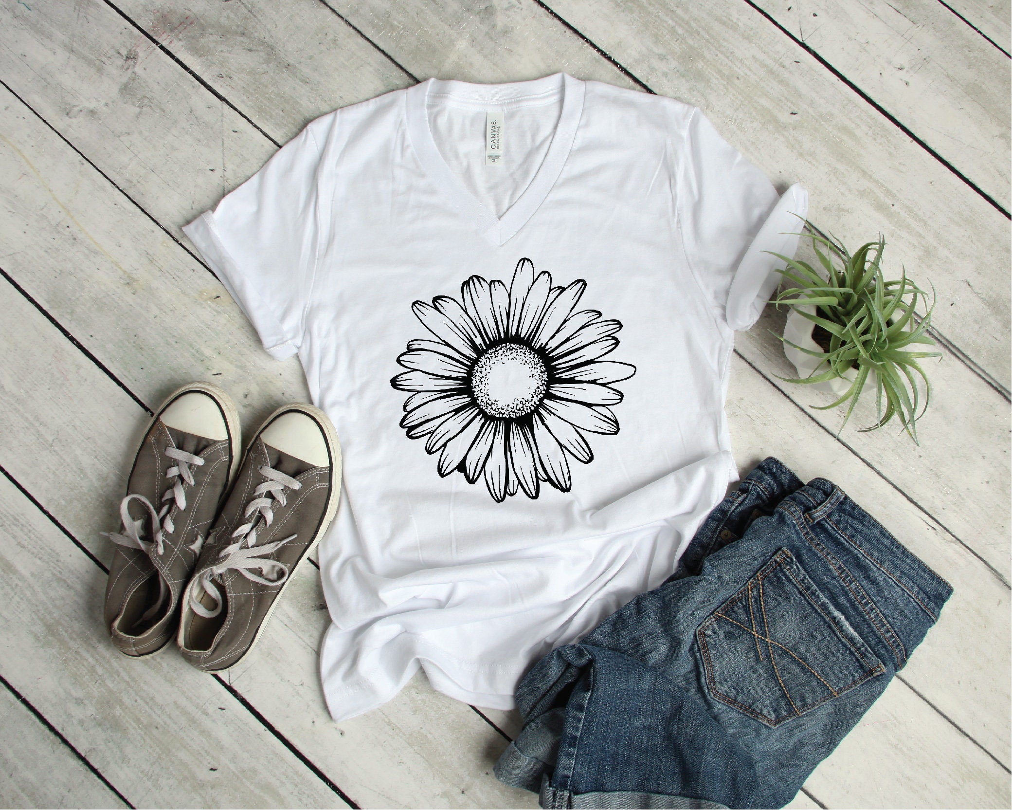 Daisy Tee Unisex Vneck Tshirt Daisy Shirt Wildflower Shirt Boho Tops