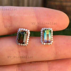 Bi-Color Baguette Watermelon Tourmaline Pave Diamond Halo Stud Earrings Solid 14K Yellow Gold Handmade Jewelry Wedding Gift NY Minimalist