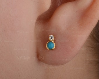 Mini Turquoise and Diamond Stud Earrings Solid 14K Yellow Gold Tiny Stud Earrings Handmade Fine Minimalist Jewelry Gift For Her