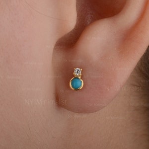 Mini Turquoise and Diamond Stud Earrings Solid 14K Yellow Gold Tiny Stud Earrings Handmade Fine Minimalist Jewelry Gift For Her