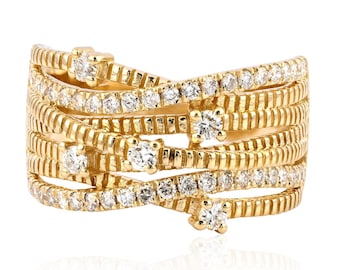 18K Solid Gold Genuine Diamond Multi Band Crossover Ring