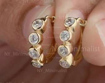 14K Yellow Gold Diamond Huggie Hoop Earrings: Minimalist Fine Jewelry