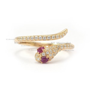 Snake Eyes Genuine Ruby and Diamond Cuff Ring/ 14K Solid Gold Serpent Ring/ Pave Diamond Snake Ring by NY Minimalist/ Ring For Women