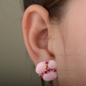 14k Solid Yellow Gold Genuine Pink Opal / Prong Setting Ruby Gemstone Flower Stud Earrings Handmade Minimalist Fine Wedding Pleasant Jewelry