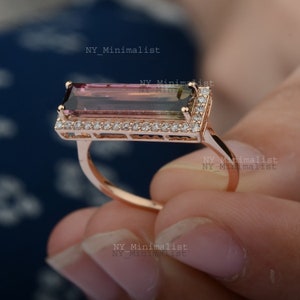 Echtes Baguette Wassermelone Turmalin Edelstein Statement Diamant Ring 14K Gelbgold Hochzeit Verlobungsring für Frauen