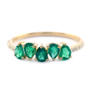 14K Gold Emerald Engagement Ring | Genuine Five Pear Shape Emerald and Pave Diamond Ring | Teardrop Emerald Promise Ring | May Birthstone