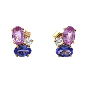 Trio Stud Earrings/ 14K Gold Stud Earrings/ Genuine Pink Sapphire Studs with Tanzanite and Diamond/ NY Minimalist Earrings For Her