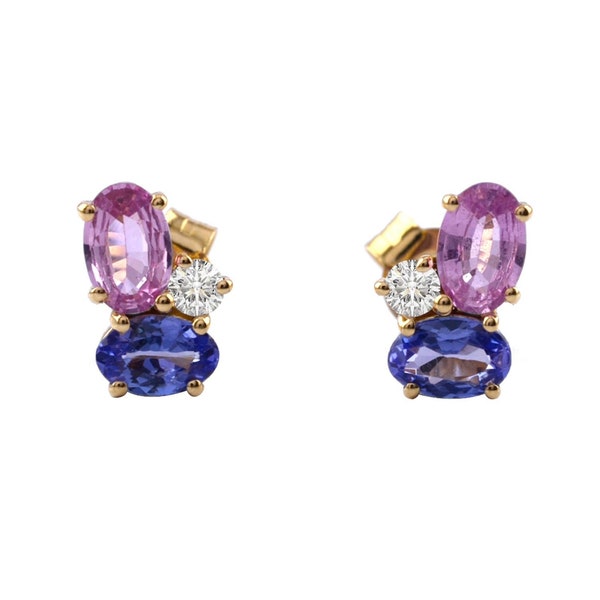 Trio de clous d'oreilles en or 14 carats : saphirs roses, tanzanite et diamant