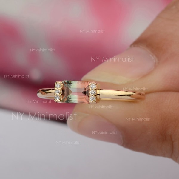 Bi Color Baguette Watermelon Tourmaline Ring/ Wedding Ring/ 14K Solid Gold Diamond Ring/ Rare One of a Kind Ring/ Cocktail Ring