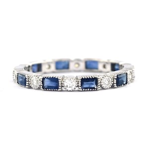 Baguette Blue Sapphire Diamond Eternity Band - 14K White Gold Wedding Ring