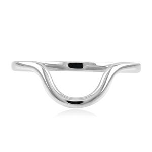 May include: A polished silver ring with a curved, open design. The ring features a smooth, reflective surface and a minimalist aesthetic. The band curves upward, creating a unique, modern look. This piece of jewelry is suitable for everyday wear.