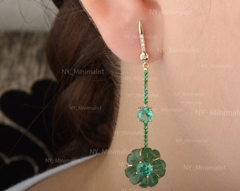 14K Gold Emerald Diamond Earrings: Art Deco Flower Dangle Drop Earrings