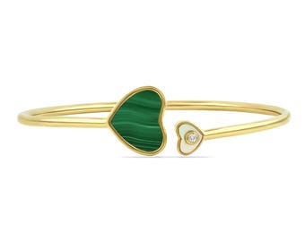 Genuine Malachite Mother of Pearl & Diamond Heart Cuff Bangle