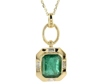 Emerald and Baguette Diamond Necklace: 18K Solid Gold Bridal Jewelry