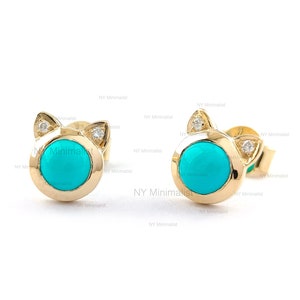 Cat Stud Earrings Solid 14k Yellow Gold Genuine Arizona Turquoise Gemstone Diamond Handmade Minimalist Fine Animal Earrings Jewelry Gift