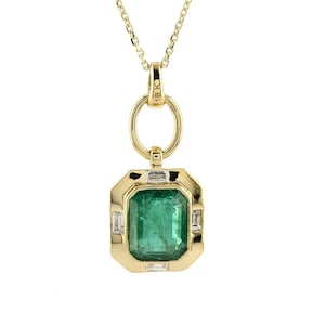 Emerald and Baguette Diamond Necklace: 18K Solid Gold Bridal Jewelry