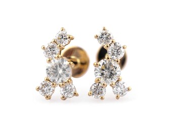 Genuine Diamond Earrings Studs/ 14K Gold Cluster Diamond