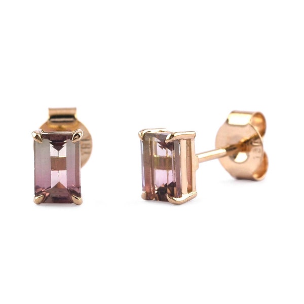 Puces d'oreilles en tourmaline pastèque taille émeraude : solitaire en or rose 18 carats