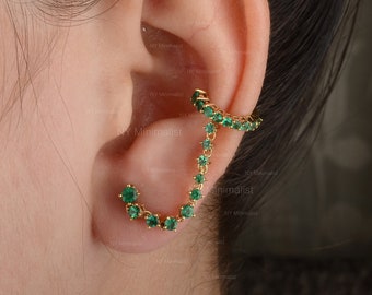 Natural Zambian Emerald Gemstone Ear Cuff Connected Chain Stud Earring Solid 14K/ 18K Yellow Gold Minimalist Single Piece Earring