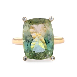 One of a Kind Rare Natural Large Greenish Bio Tourmaline Solitaire Ring/ 18K Solid Gold Ring/ SI G H Diamond Ring/ Statement Ring For Her
