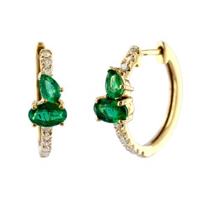 14K Gold Emerald Diamond Huggie Earrings: Pear & Oval Cut