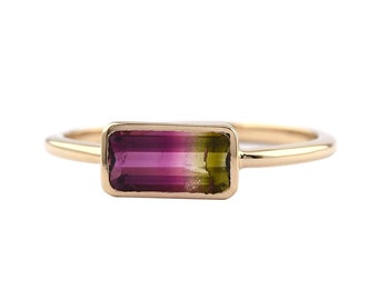 Natural Emerald Cut Watermelon Tourmaline Ring, Pink And Green Ring, Simple Bezel Set Ring, 18K Solid Gold, Minimal Bio Color Cocktail Ring