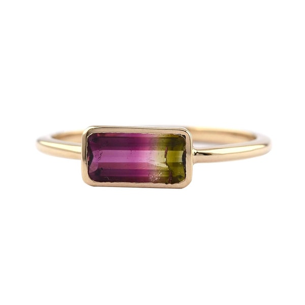 Natural Emerald Cut Watermelon Tourmaline Ring, Pink And Green Ring, Simple Bezel Set Ring, 18K Solid Gold, Minimal Bio Color Cocktail Ring