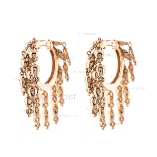 Tassel Eternity Huggie Hoop Earrings 14K Solid Rose Plain Gold Minimalist Dainty Handmade Earlobe Earrings Women's Daily Wear Pair Earrings