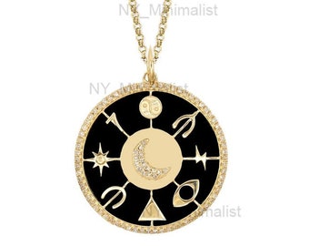 Collana con ciondolo a forma di luna e segno zodiacale in oro 14 carati e diamanti - Portafortuna in smalto nero