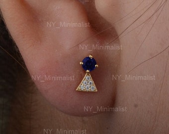 Mini Triangle Stud Earrings Natural 0.13 Ct. Blue Sapphire