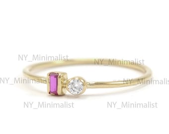 Baguette Ruby Diamond Ring: 14K Gold Minimalist Engagement Band