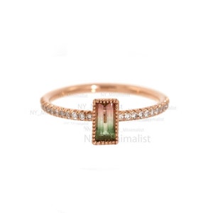 Genuine Watermelon Tourmaline Gemstone Diamond Baguette Ring For Women Solid 14K Yellow Gold Handmade Minimalist Jewelry Gift For Her